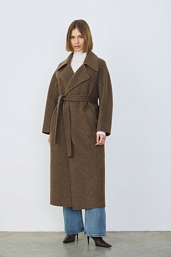 Длинное пальто из шерсти, коричневый меланж