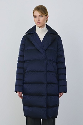 Пуховое пальто-кокон, темно-синее
