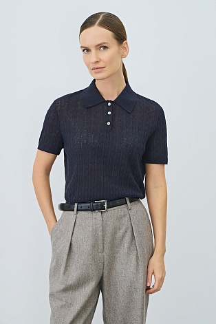 Футболка-поло из смесового хлопка и льна, темно-синяя