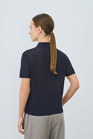 Футболка-поло из смесового хлопка и льна, темно-синяя