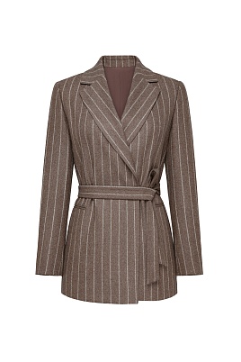 Удлиненный жакет в полоску на поясе, коричневый