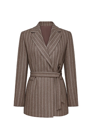 Удлиненный жакет в полоску на поясе, коричневый
