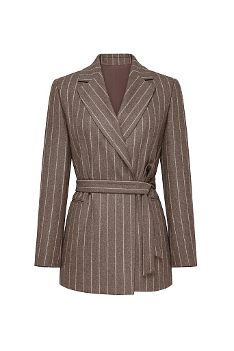 Удлиненный жакет в полоску на поясе, коричневый