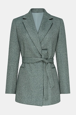 Костюмный жакет из шерсти на поясе, серо-зеленый