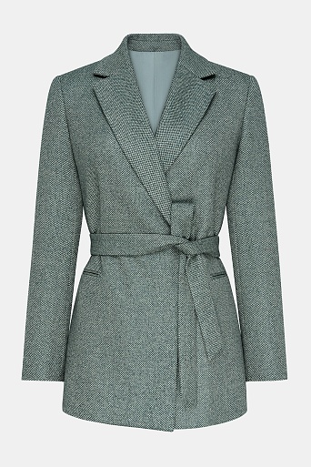 Костюмный жакет из шерсти на поясе, серо-зеленый