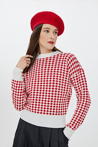 Бело-красный жаккардовый пуловер в ромб