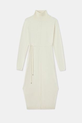 Трикотажное платье с пояском, молочное