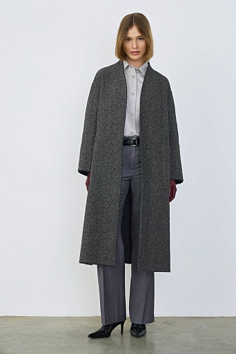 Двухстороннее пальто на поясе из шерсти, серый меланж