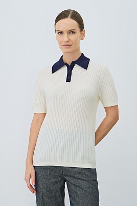 Футболка-поло из шерсти и кашемира, молочная с синим