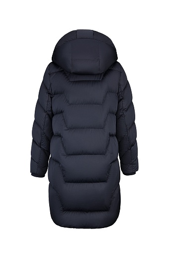 Темно-синее пуховое пальто с фигурной стежкой
