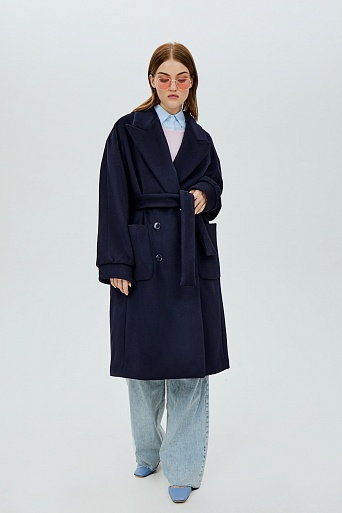 Темно-синее пальто-халат с поясом