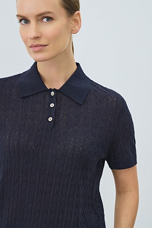 Футболка-поло из смесового хлопка и льна, темно-синяя