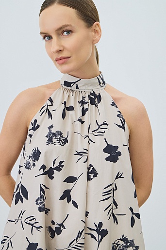 Платье А-силуэта с цветочным принтом, белое с черным