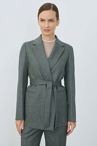 Костюмный жакет из шерсти на поясе, серо-зеленый