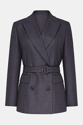 Двубортный жакет из шерсти с поясом, серо-коричневый