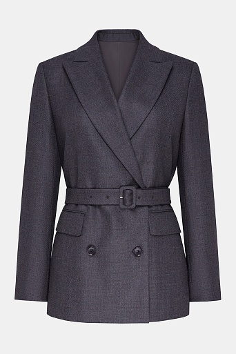 Двубортный жакет из шерсти с поясом, серо-коричневый