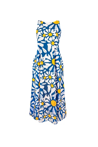Синее платье-сарафан А-силуэта с рисунком