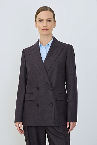 Двубортный жакет из шерсти с поясом, серо-коричневый