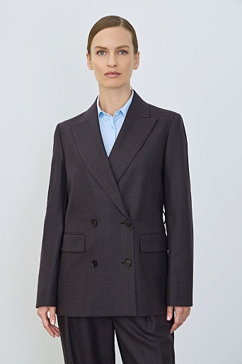 Двубортный жакет из шерсти с поясом, серо-коричневый