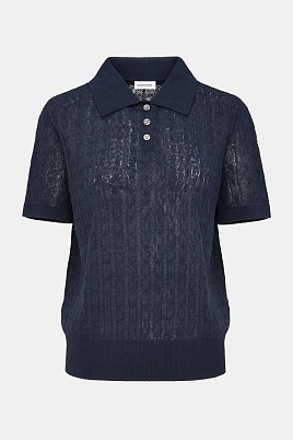 Футболка-поло из смесового хлопка и льна, темно-синяя