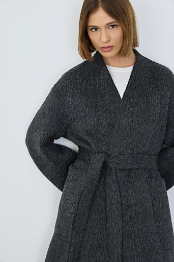 Пальто на поясе из шерсти с альпака, серый меланж