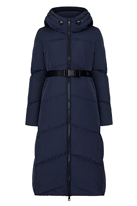 Удлиненное пуховое пальто темно-синего цвета с поясом