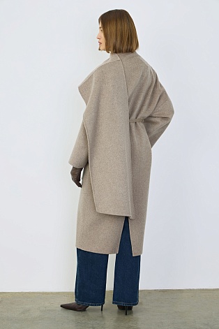 Пальто с кашемиром с лацканом-шалью, серо-бежевый меланж