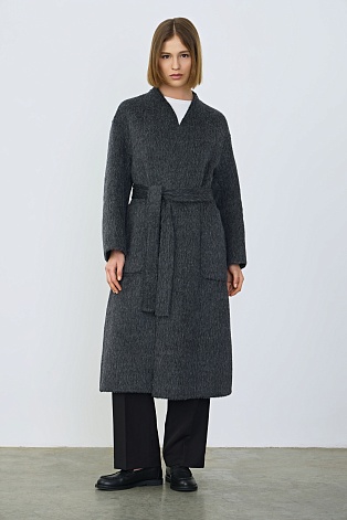 Пальто на поясе из шерсти с альпака, серый меланж