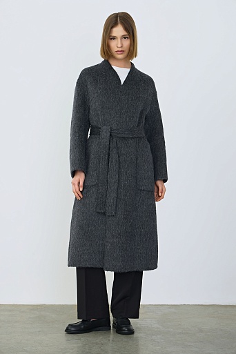 Пальто на поясе из шерсти с альпака, серый меланж
