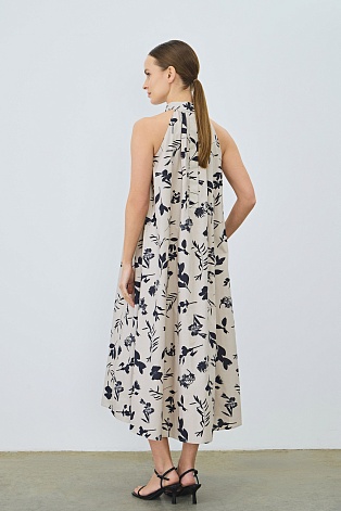 Платье А-силуэта с цветочным принтом, белое с черным