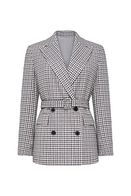 Двубортный жакет на поясе в серо-красную клетку, белый