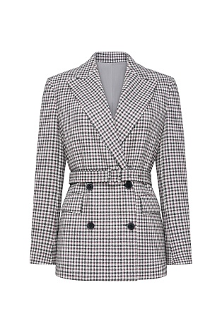 Двубортный жакет на поясе в серо-красную клетку, белый