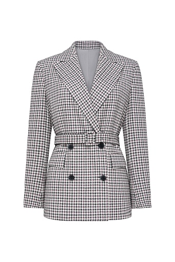Двубортный жакет на поясе в серо-красную клетку, белый