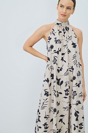 Платье А-силуэта с цветочным принтом, белое с черным